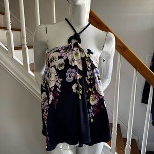 White House Black Market Navy Floral Halter Top Size Large